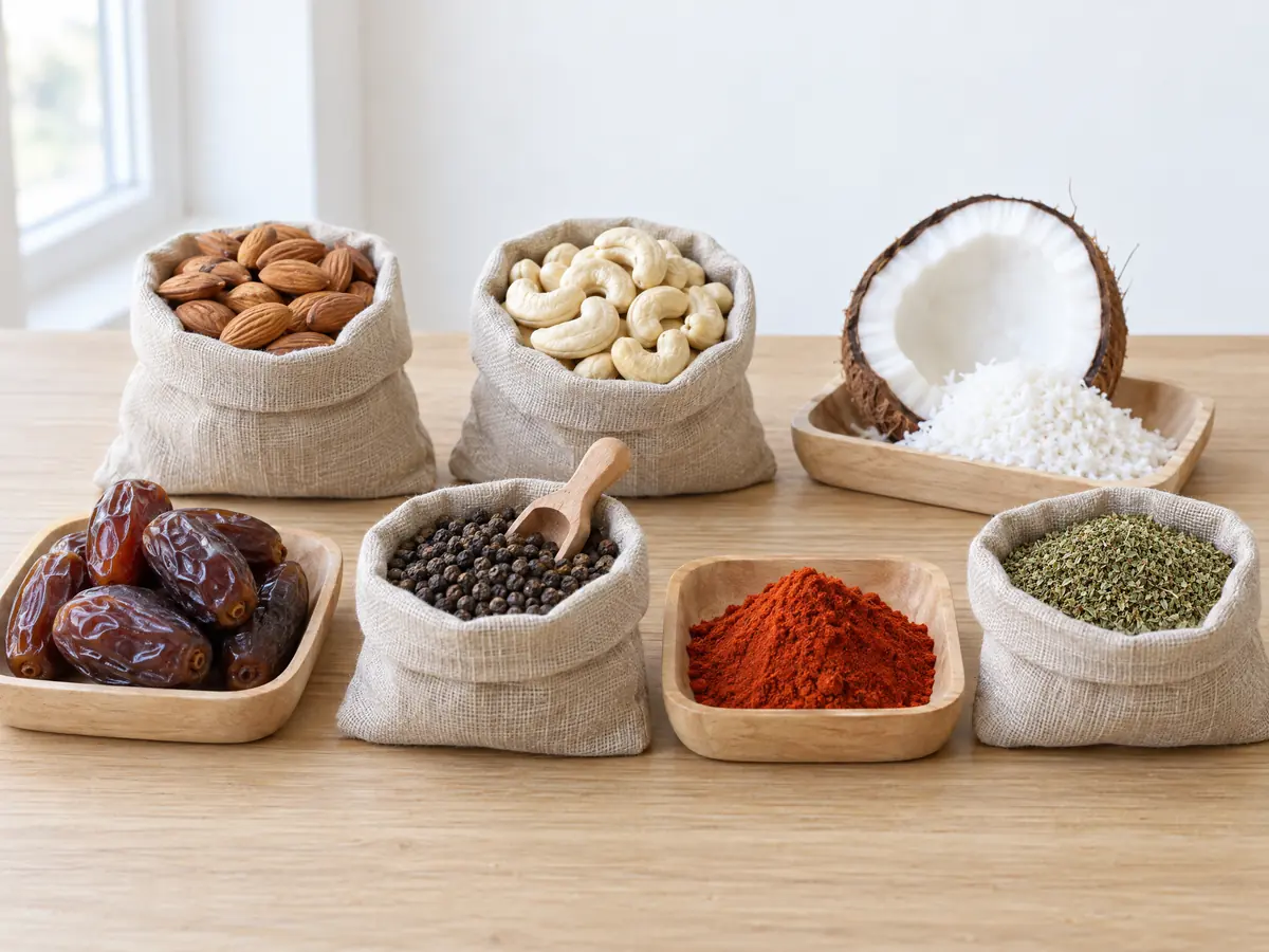 Almonds, cashew nuts, coconut, dates, black pepper, paprika and oregano in linen sacks and wooden trays